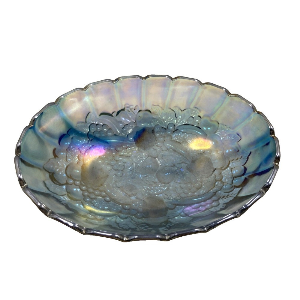 Vtg 1970s Blue Carnival Glass Oval Footed Fruit Bowl Iridescent 12.25"x8.5"x4.5"